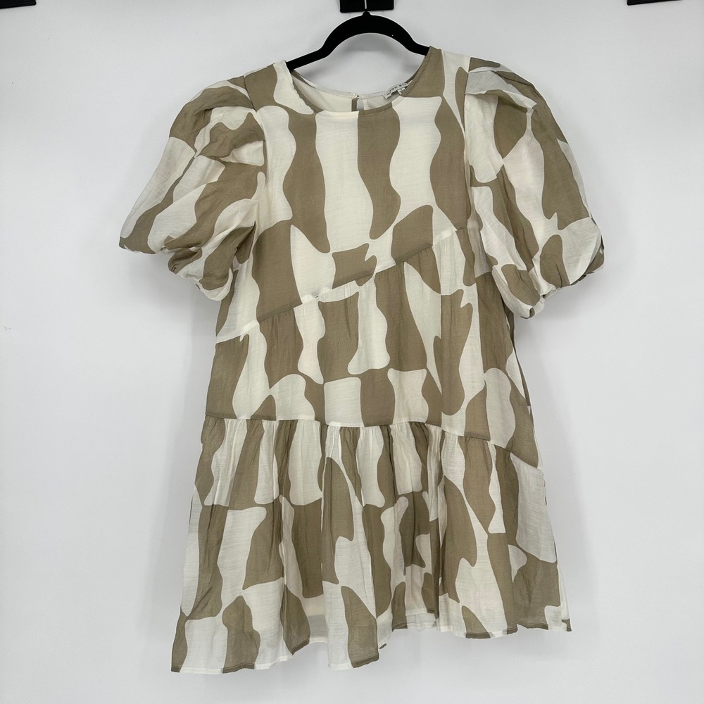 Moon River Geo Print Puff Sleeve Swing Dress Khaki Green Cream Asymmetrical Boho
